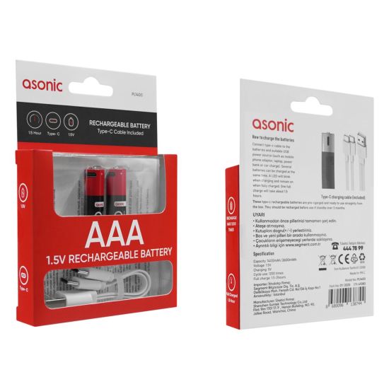ASONIC PL1400, AA, Şarjlı Pil, 1.5Volt, 1400mAh/2600mwh, Type-C ile Ko