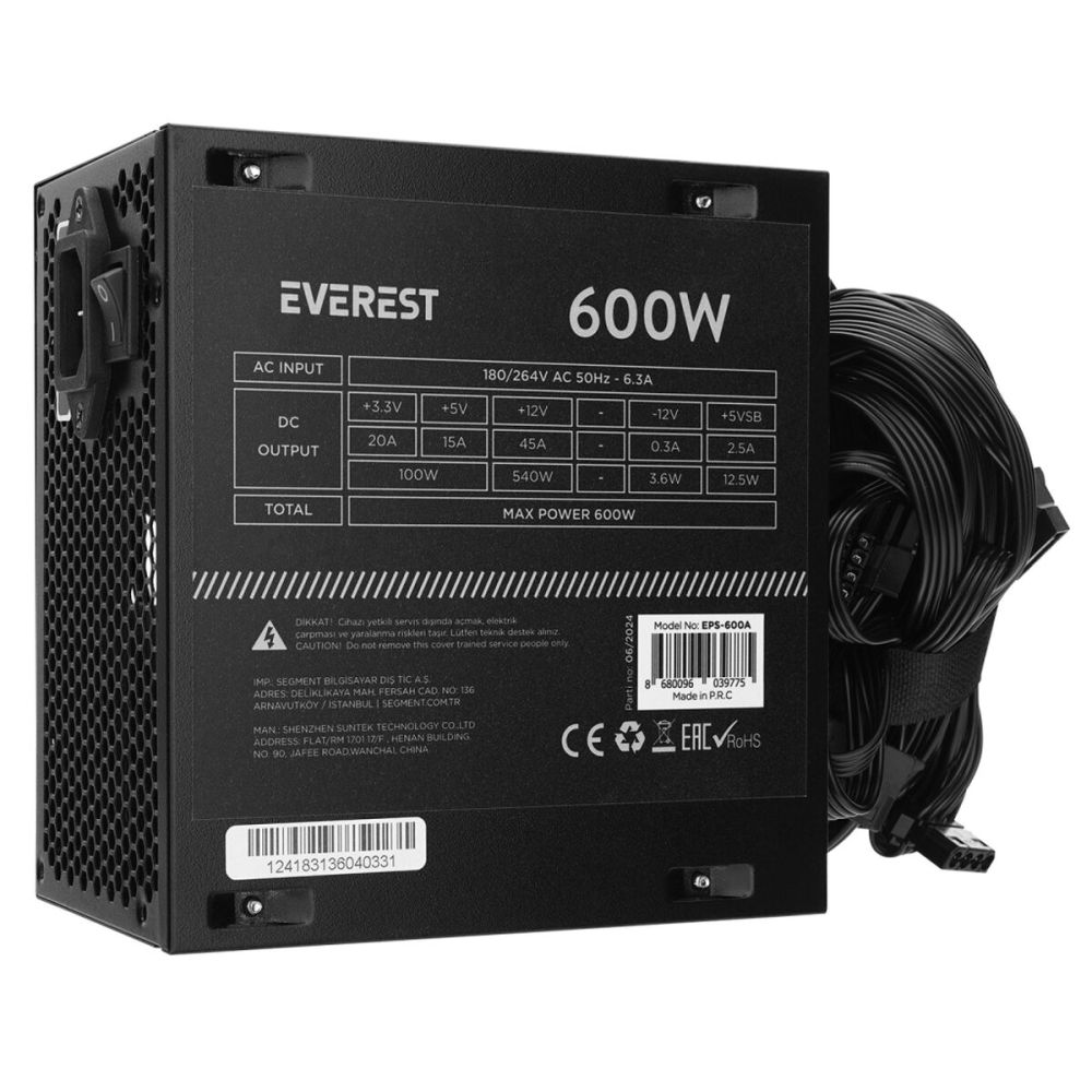 EVEREST EPS-600A, Peak 600W, 12cm Fan, ATX, Aktif PFC, GAMING Power Su