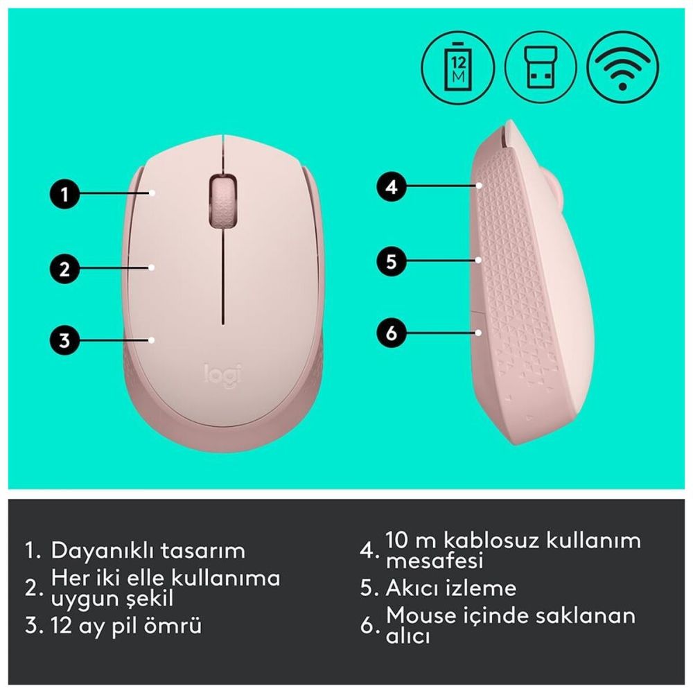 LOGITECH 910-006865, M171 Rose, USB Nano 2,4G Kablosuz, 1000dpi, Optik