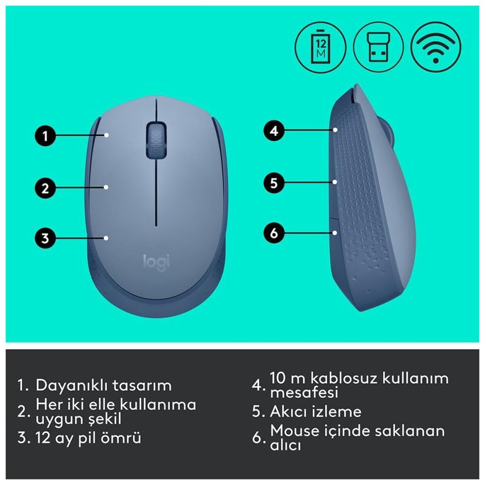 LOGITECH 910-006866, M171 BlueGrey, USB Nano 2,4G Kablosuz, 1000dpi, O
