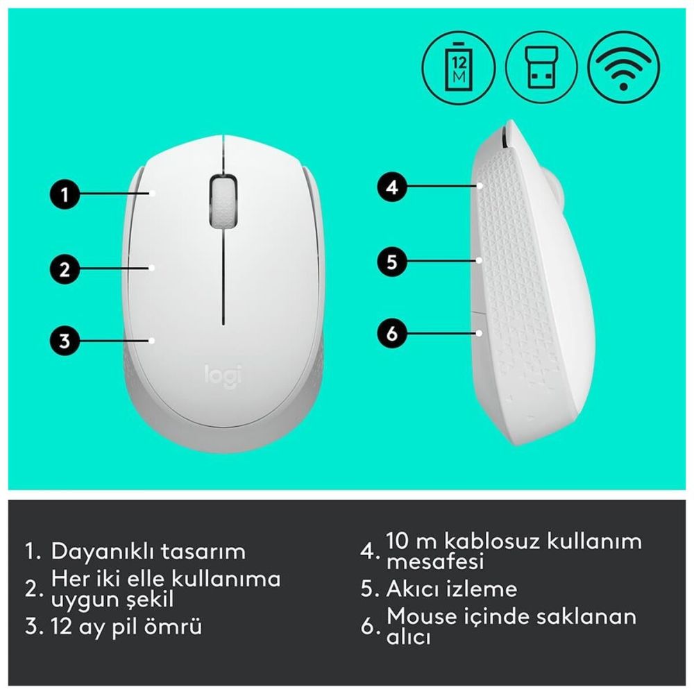 LOGITECH 910-006867, M171 White, USB Nano 2,4G Kablosuz, 1000dpi, Opti