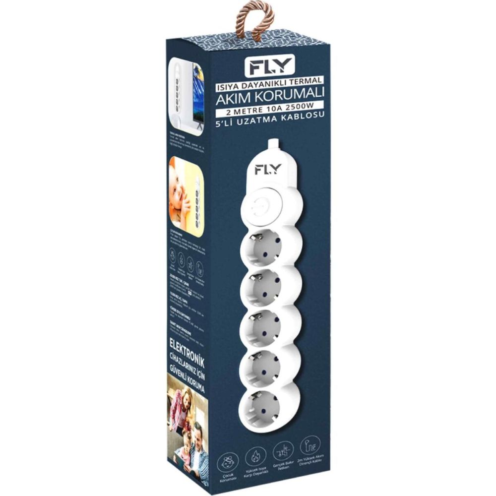 FLY 3394-01, 5 Soket, Akım Korumalı Priz, 2.1A, Anahtarlı, 2Mt Kablo, 