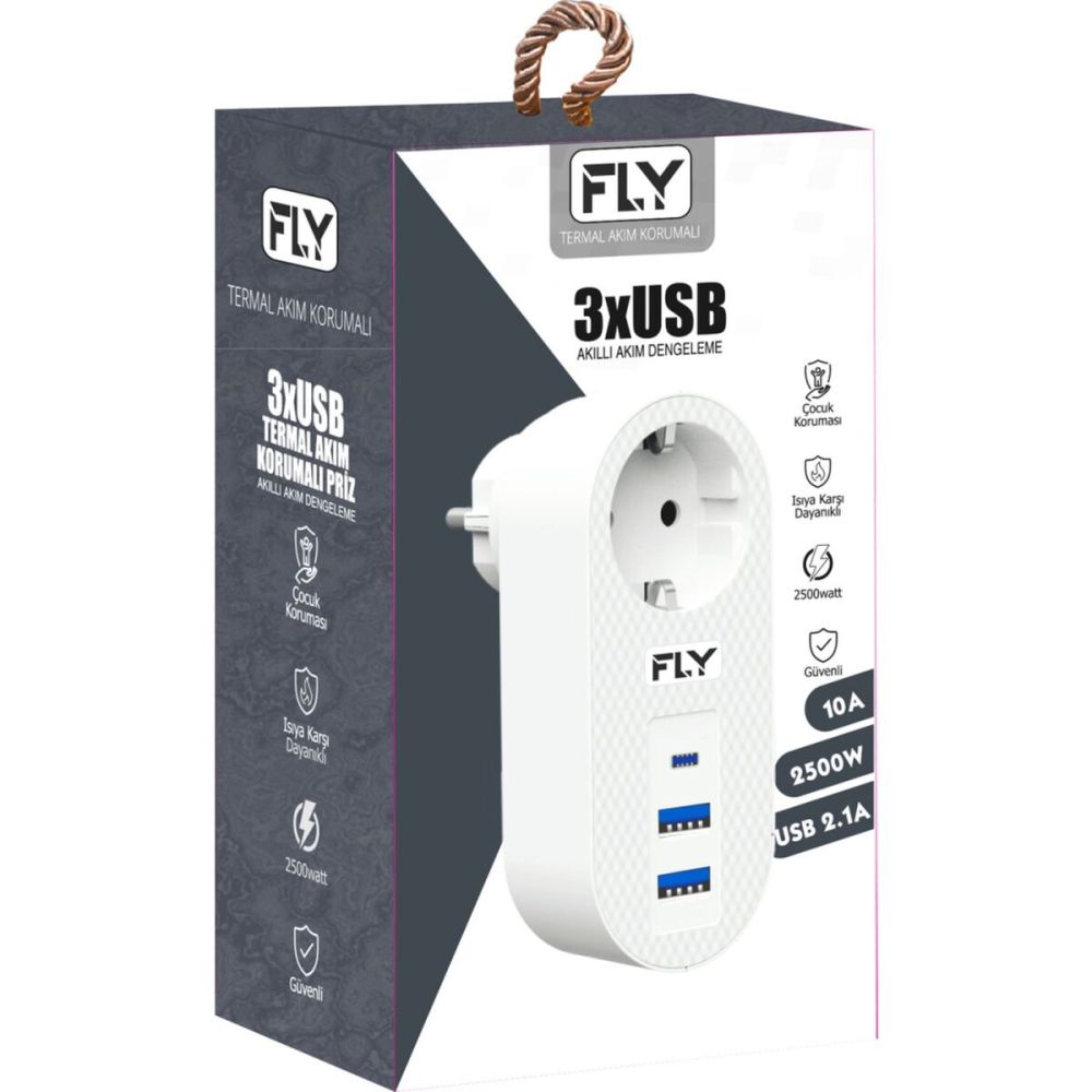 FLY 3400-01, 1 Soket, 2 USB, 1 Type-C, Akım Korumalı Priz, 2.1A, (Beya