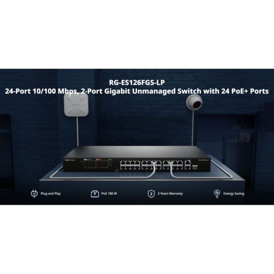 RUIJIE REYEE RG-ES126FGS-LP 26 Port, 24 Port Megabit PoE, 180W, 2 Port