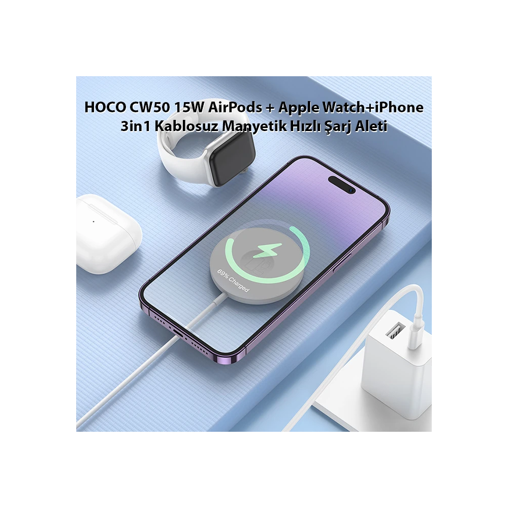 HOCO CW50 15W AirPods + Apple Watch+iPhone 3in1 Kablosuz Manyetik Hızl