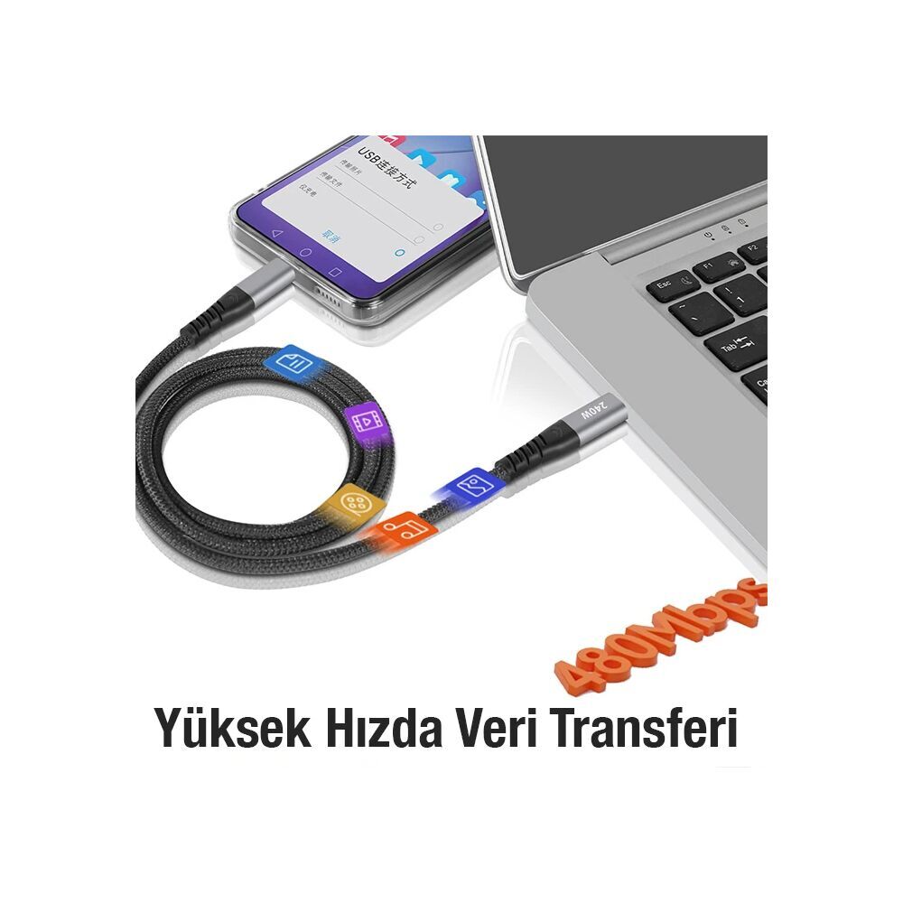 ALLY 240W Type-C To Type-C Laptop Telefon Hızlı Data ve Şarj Kablosu