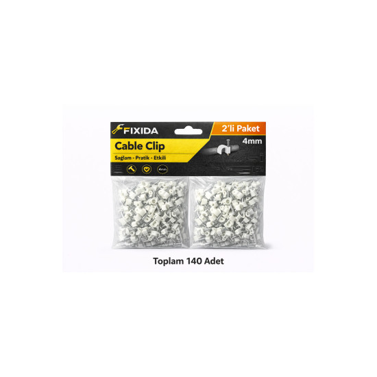Kablo Klipsi 0 Numara (4 mm) 2li Paket | Toplam 140 Adet Çivili Kablo Sabitleyici