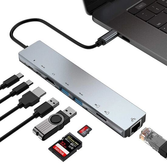Ally 8 Port Usb 8in1 3.0 Type-C Hdmi 3XUSB+2 PD) RJ45 Hub Adaptör Çokl