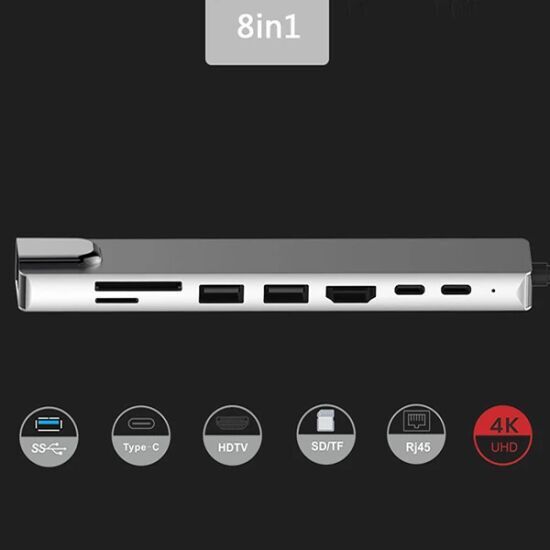Ally 8 Port Usb 8in1 3.0 Type-C Hdmi 3XUSB+2 PD) RJ45 Hub Adaptör Çokl