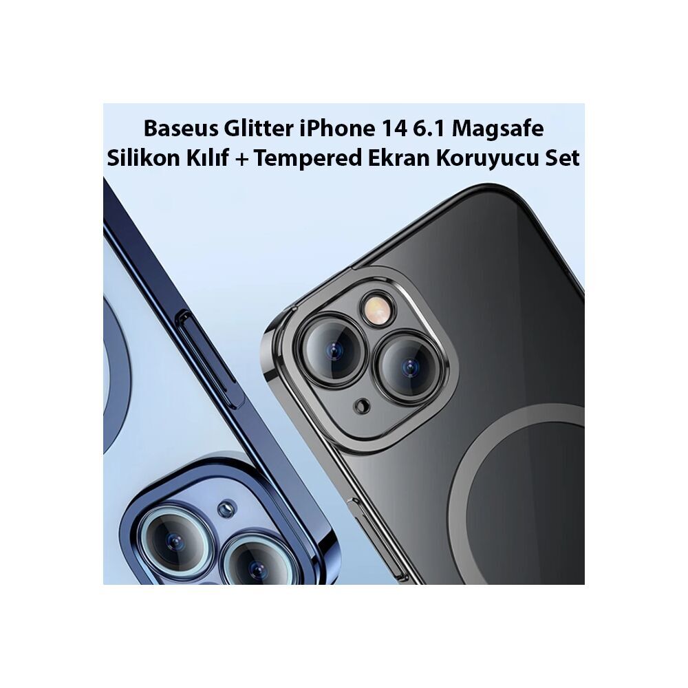 Baseus Glitter iPhone 14 6.1 Magsafe Silikon Kılıf + Tempered Ekran Ko
