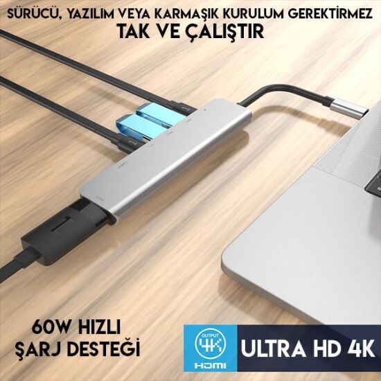 Ally Usb (Type-C to 7in1 Hdtv 2XUSB+PD) SD&TF Okuyucu Hub Adaptör Çokl