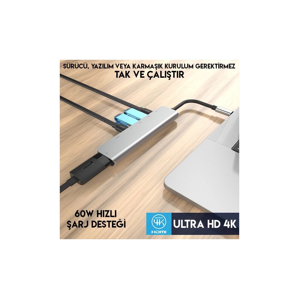 Ally Usb (Type-C to 7in1 Hdtv 2XUSB+PD) SD&TF Okuyucu Hub Adaptör Çokl