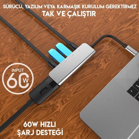 Ally Usb (Type-C to 5in1 Hdtv 2xUSB+2x PD) Hub Adaptör Çoklayıcı