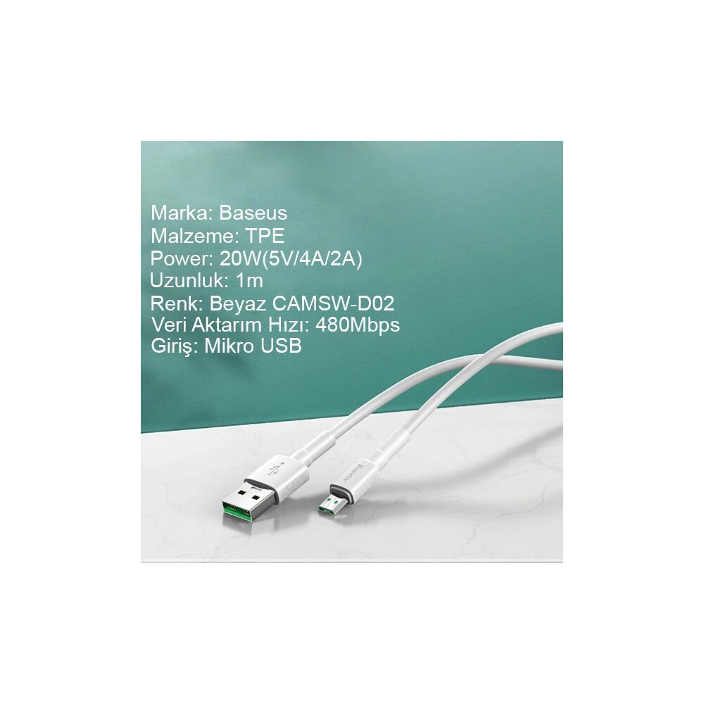 Baseus Mini White Micro USB 4A OPPO VIVO Dash Usb Şarj Kablosu 1Metre