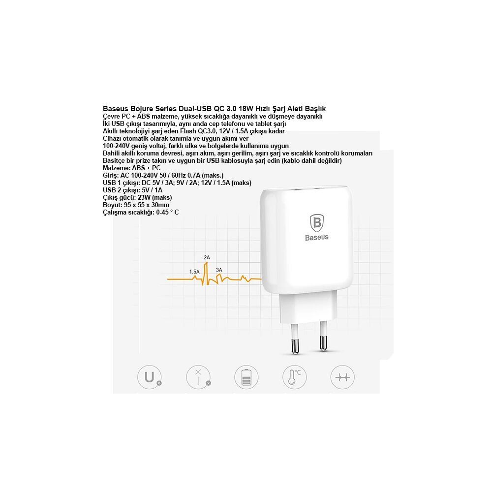 Baseus Bojure Series Dual-USB QC 3.0 18W Hızlı Şarj Aleti Başlık