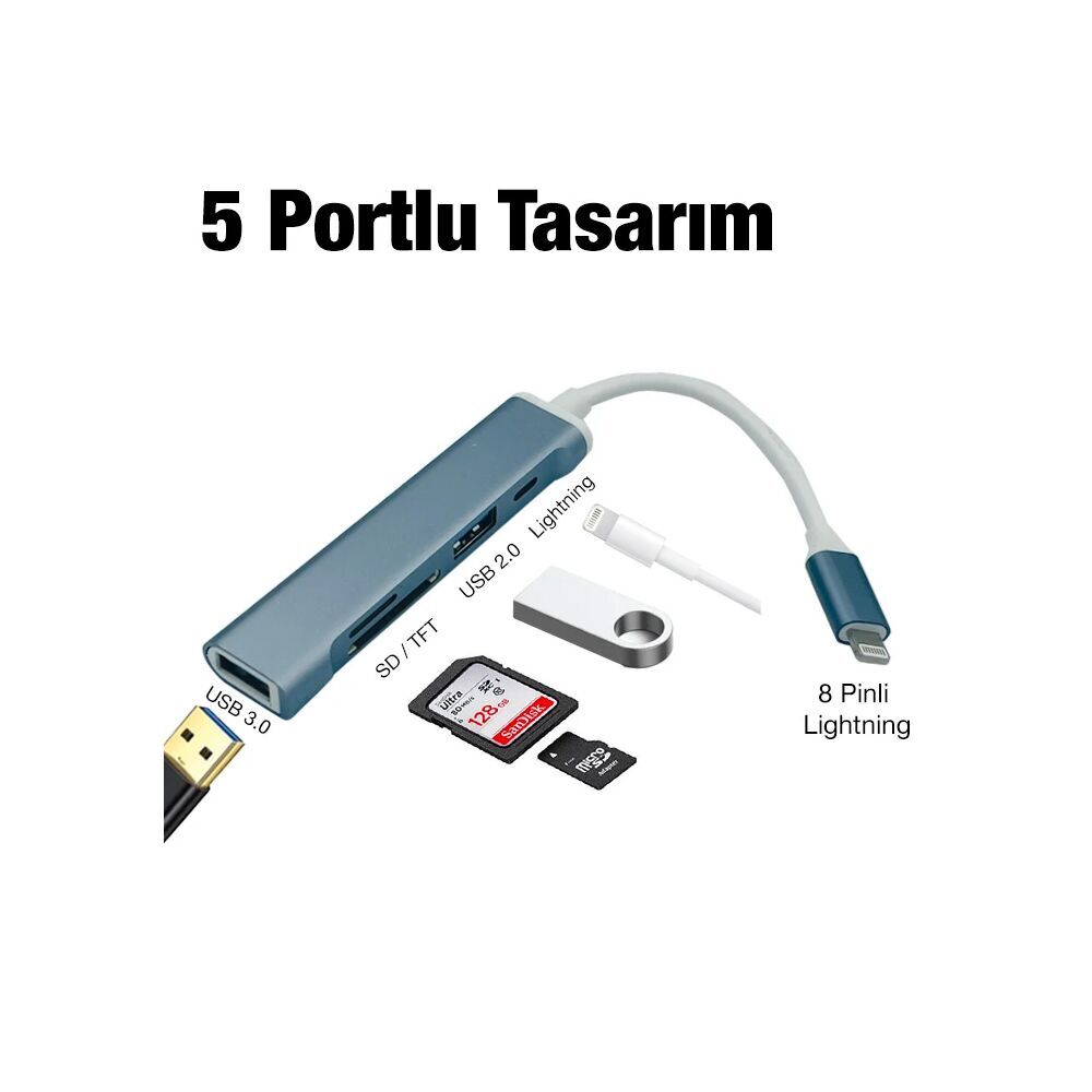 Ally S-503 5in1 Lightning to USB + SD Kart Hub Adaptör Çevirici Dönüşt