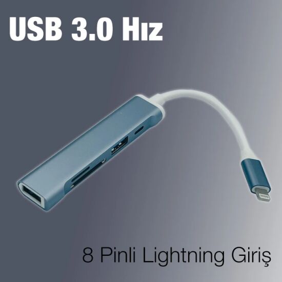 Ally S-503 5in1 Lightning to USB + SD Kart Hub Adaptör Çevirici Dönüşt
