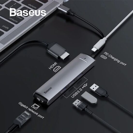 Baseus Usb Type C 6in1 HDMI 3x USB 3.0 RJ45 Çoğaltıcı Adaptör